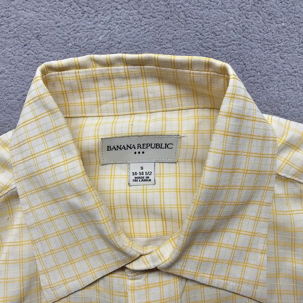 Banana Republic Mens Small Yellow White Plaid Cotton Button Down Shirt 14-14.5